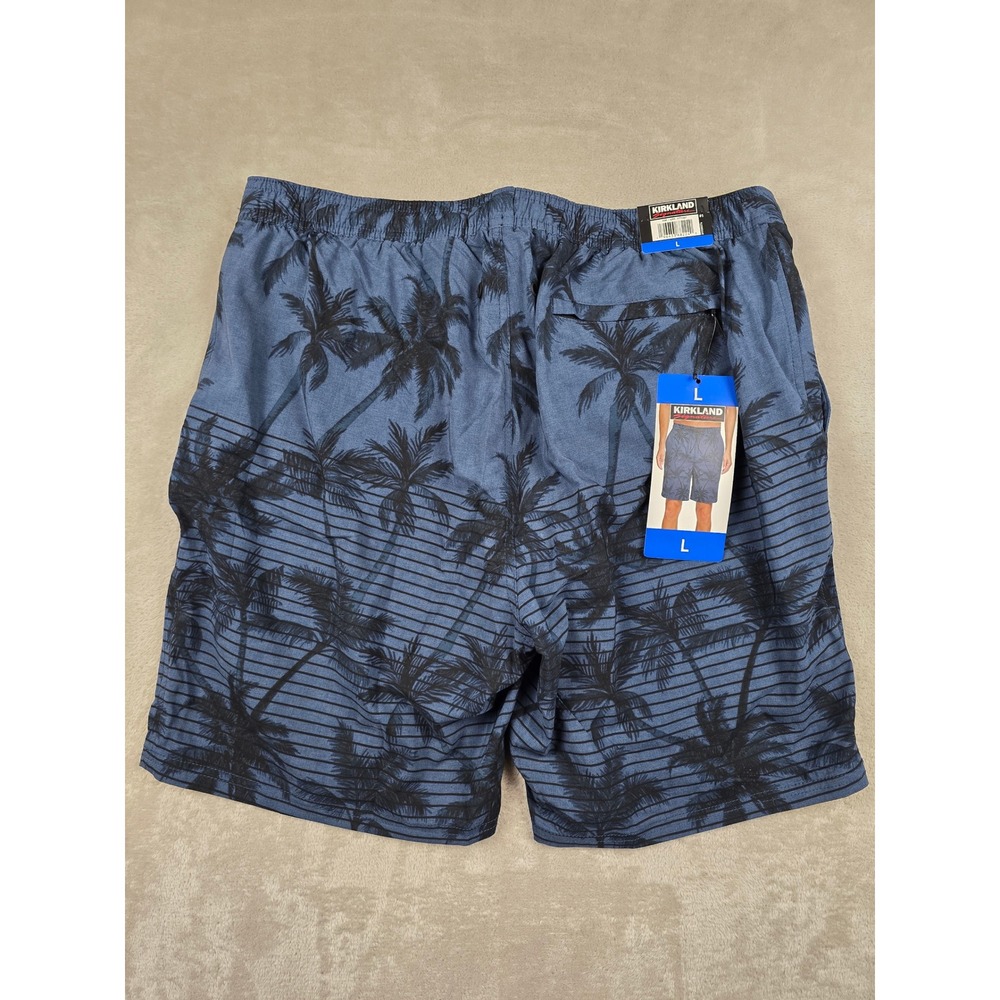 Kirkland Swim Shorts Mens Large Blue Palm Tree Tropical Stretch Quick‎ Dry NEW